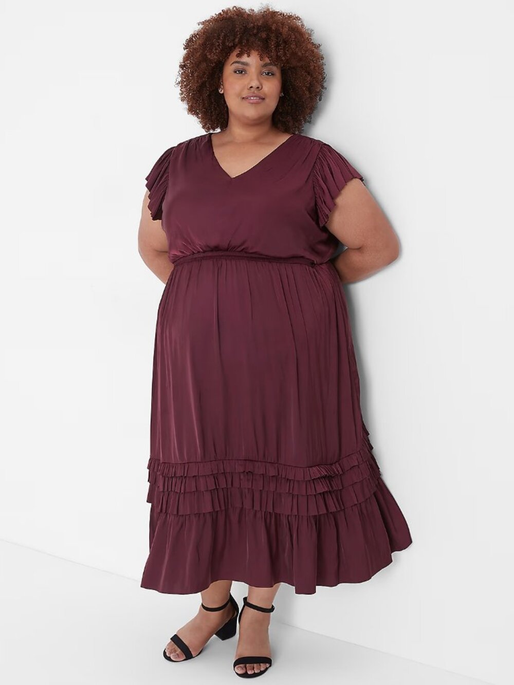 Lane Bryant Flutter-Sleeve Shirred Midi Dress Size 22 Burgundy Dark Romantic